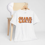 Heren T-shirt wit met borstprint “ORANJE GEKTE” in oranje en blauw.