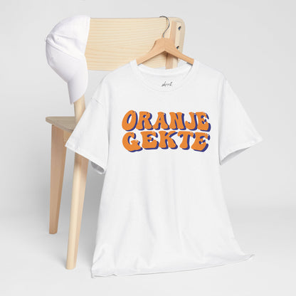 Oranjegekte - oranje tekst | Front Print | Koningsdag T-shirt | Oversized | Heren