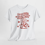 Wit T-shirt met rode tekst en rijdend lachend figuur met bloemen eromheen