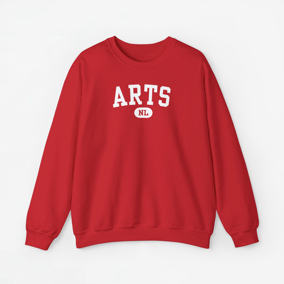 Rode sweatshirttrui met ronde hals en witte “ARTS” print met “NL” logo