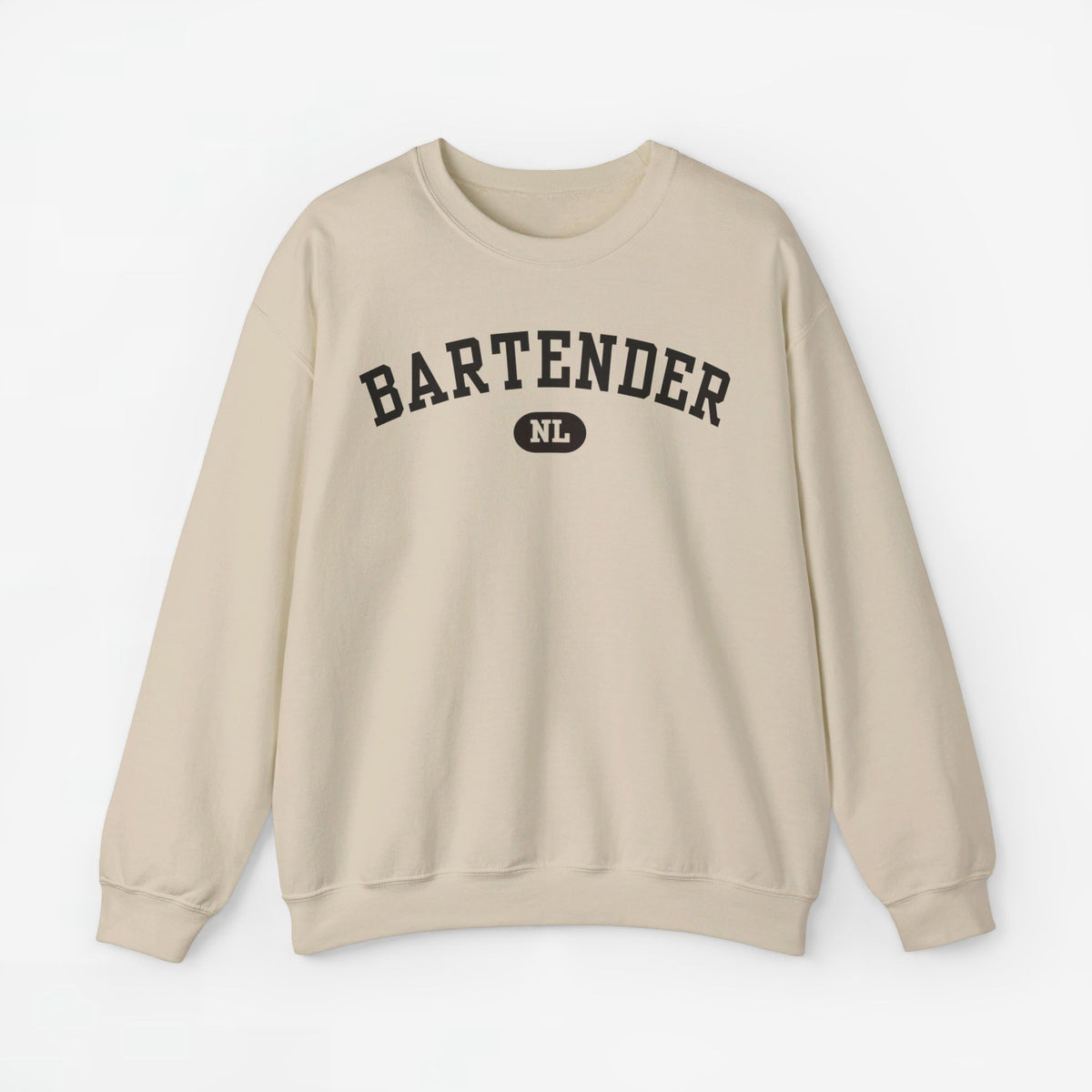 Beige trui met ronde hals en BARTENDER-print met klein NL-logo