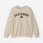 Beige trui met ronde hals en BARTENDER-print met klein NL-logo