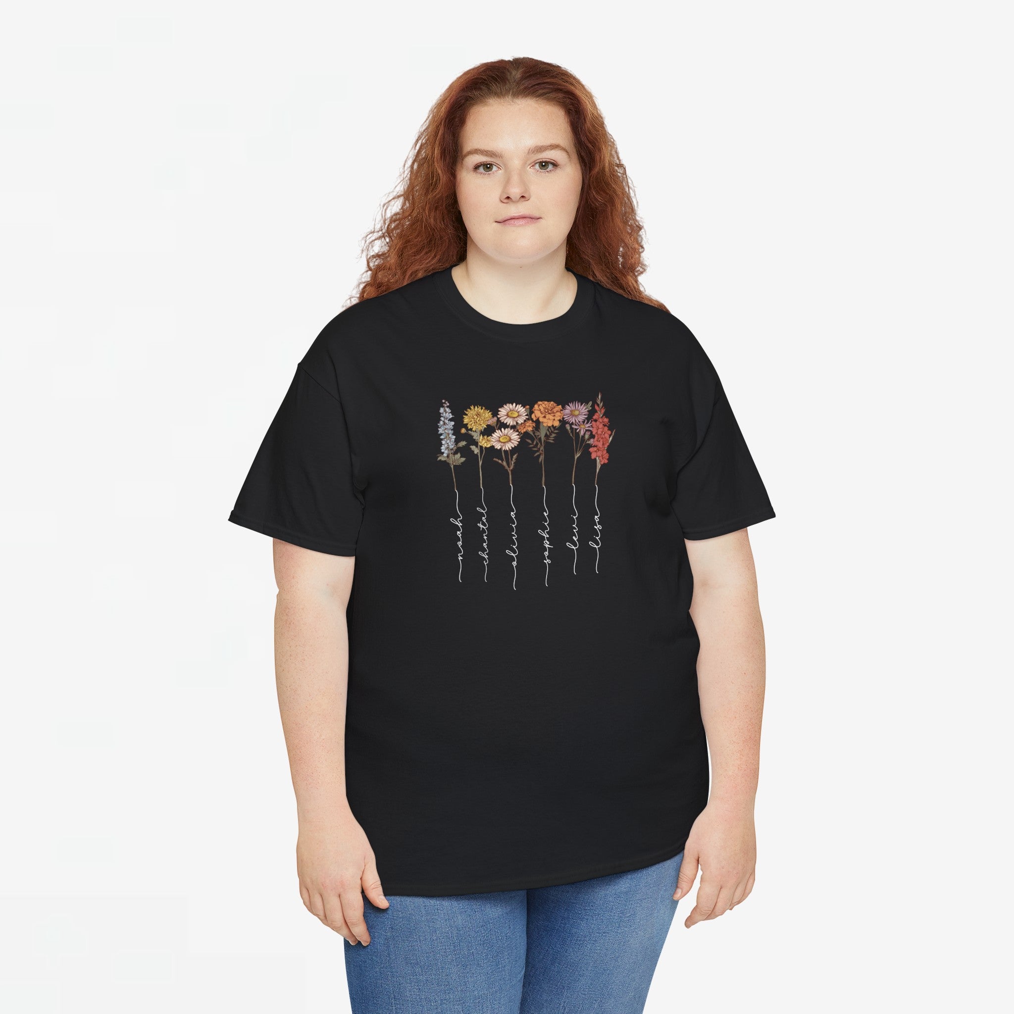 Gepersonaliseerde Moederdag Mama Cadeau - T-shirt - Geboortemaand bloemen met namen (witte tekst)