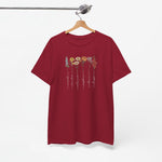 T-shirt bordeaux, bloemenprint met sierlijke namen en bloemen in kleuren op de borst