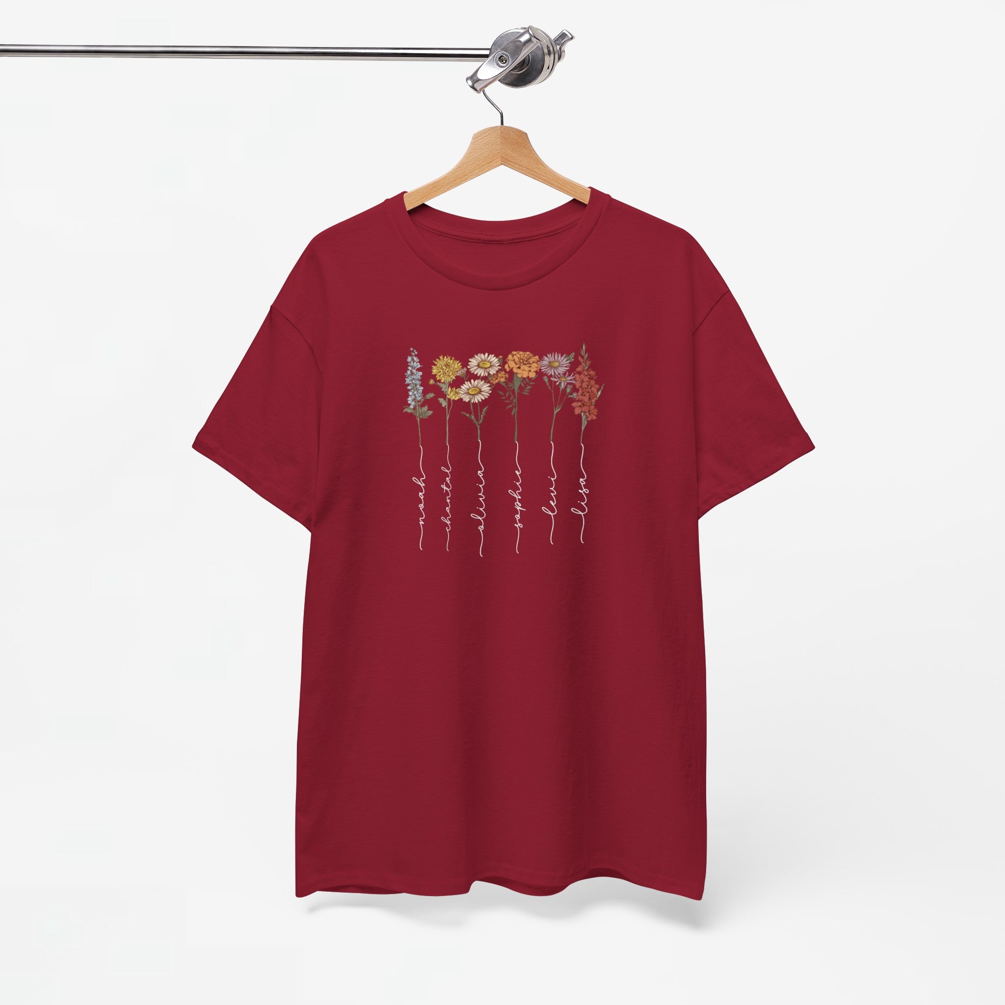 Gepersonaliseerde Moederdag Mama Cadeau - T-shirt - Geboortemaand bloemen met namen (witte tekst)
