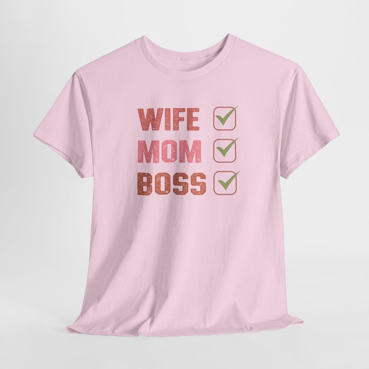 Roze t-shirt met ronde hals en opdruk 'WIFE MOM BOSS' met vinkjes