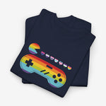 Donkerblauwe t-shirt met regenboog gamecontroller en boog-icoon opdruk