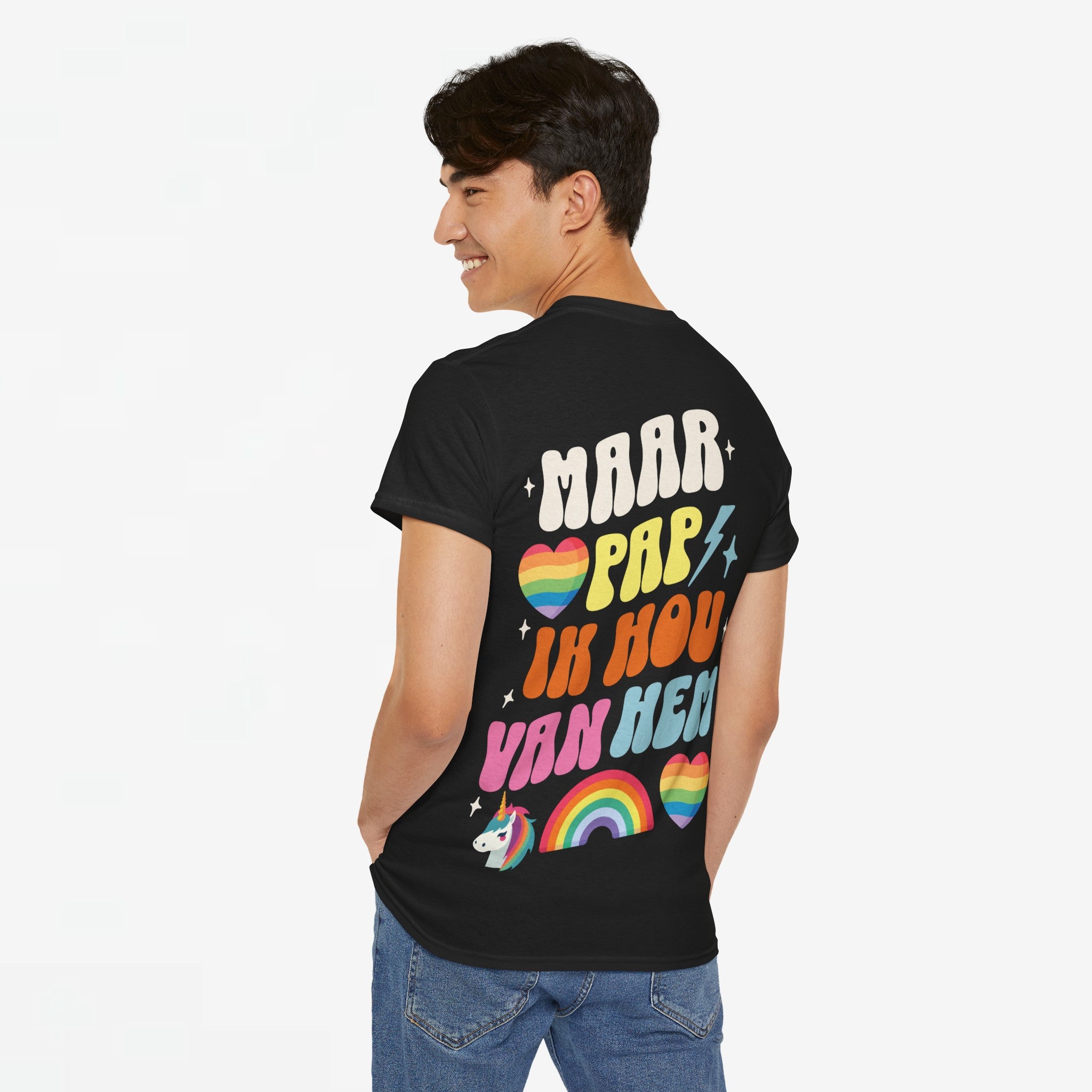 Gay Pride T-shirt -  Maar Pap, Ik Hou Van Hem Eenhoorn - Back Print  - Oversized Tee
