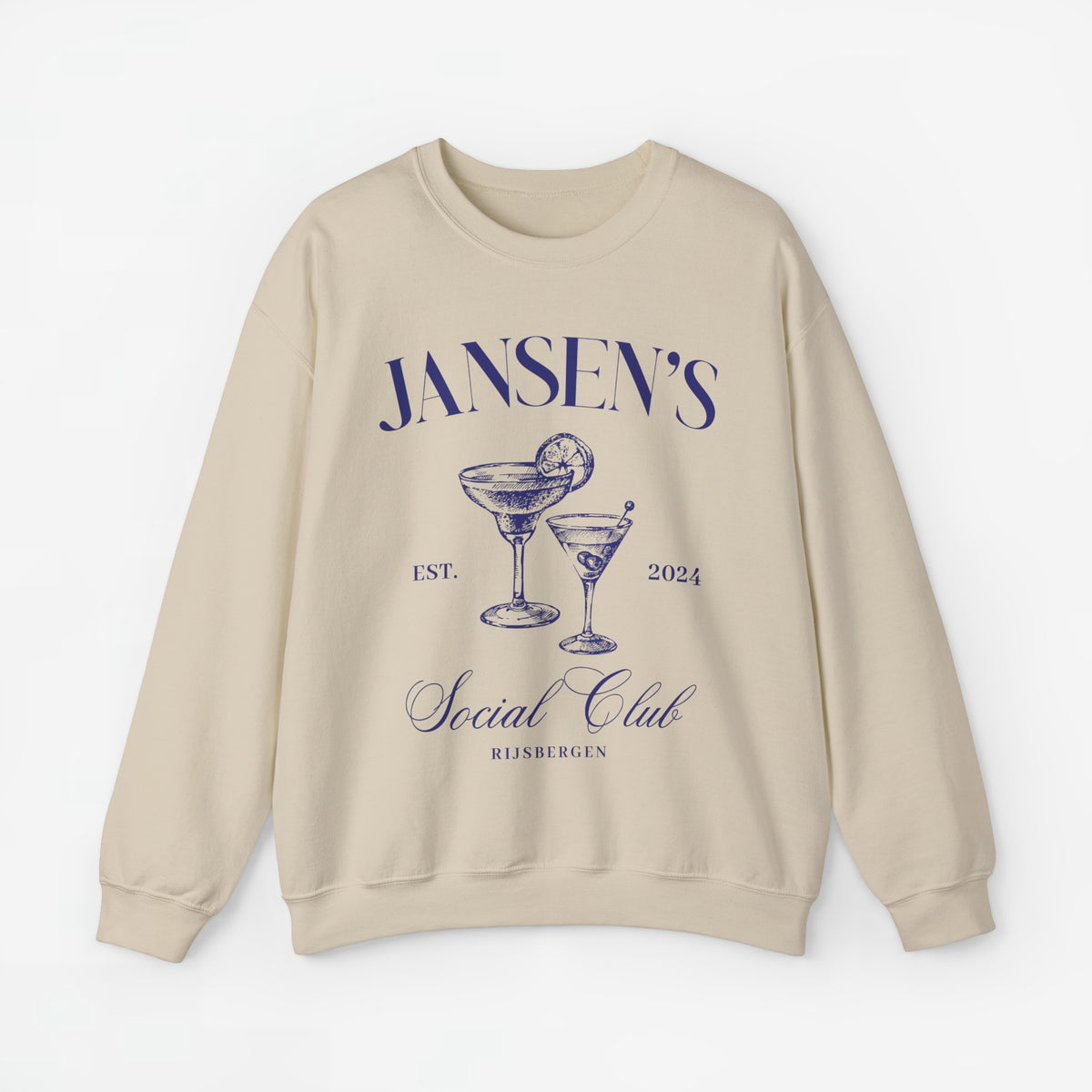 Beige sweatshirt met ronde hals en blauwe 'JANSEN'S Social Club'-opdruk.