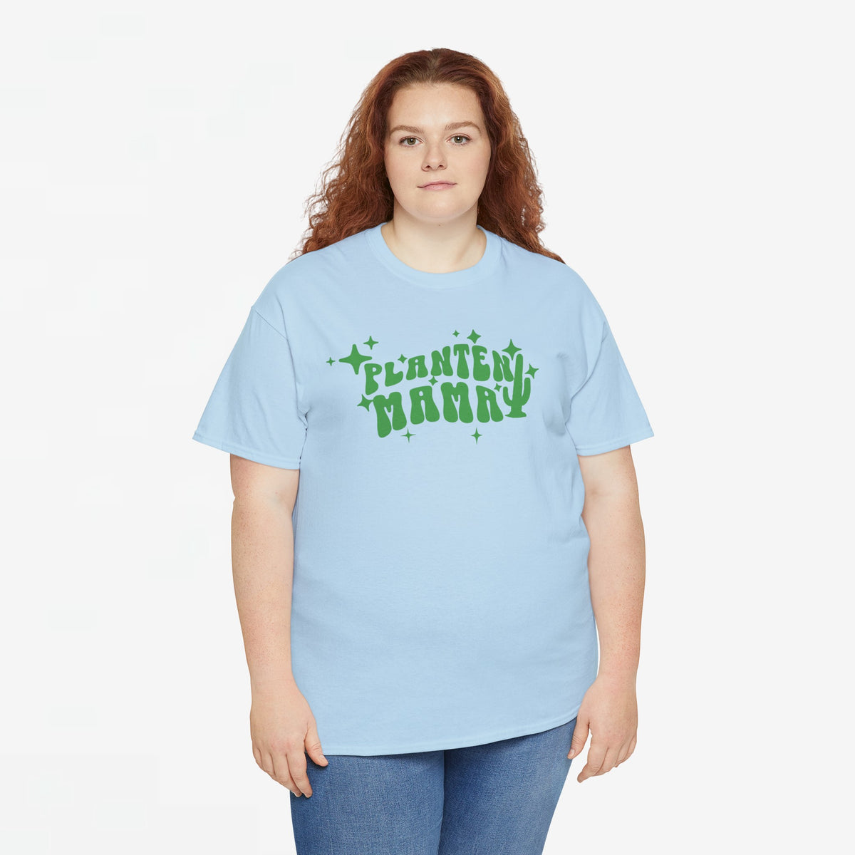 Lichtblauw oversized T-shirt met groene 'Planten Mama' tekstprint op de borst