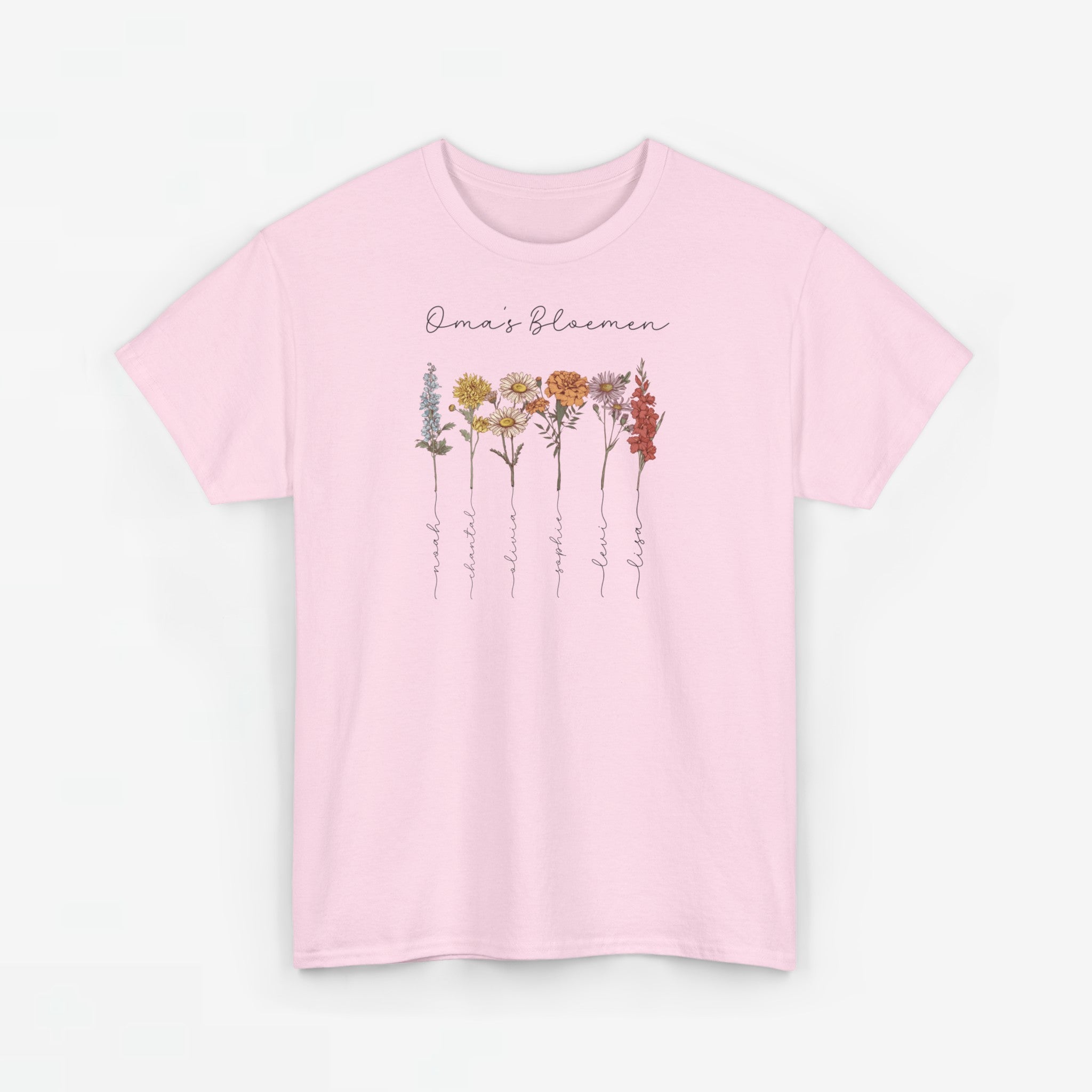 Gepersonaliseerde Moederdag Mama Cadeau - T-shirt - Oma's Bloemen met namen en geboortemaand bloemen (zwarte tekst)