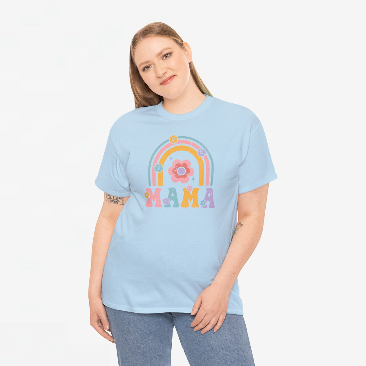 Lichtblauw oversized T-shirt met regenboogboog bloemenopdruk 'MAMA'