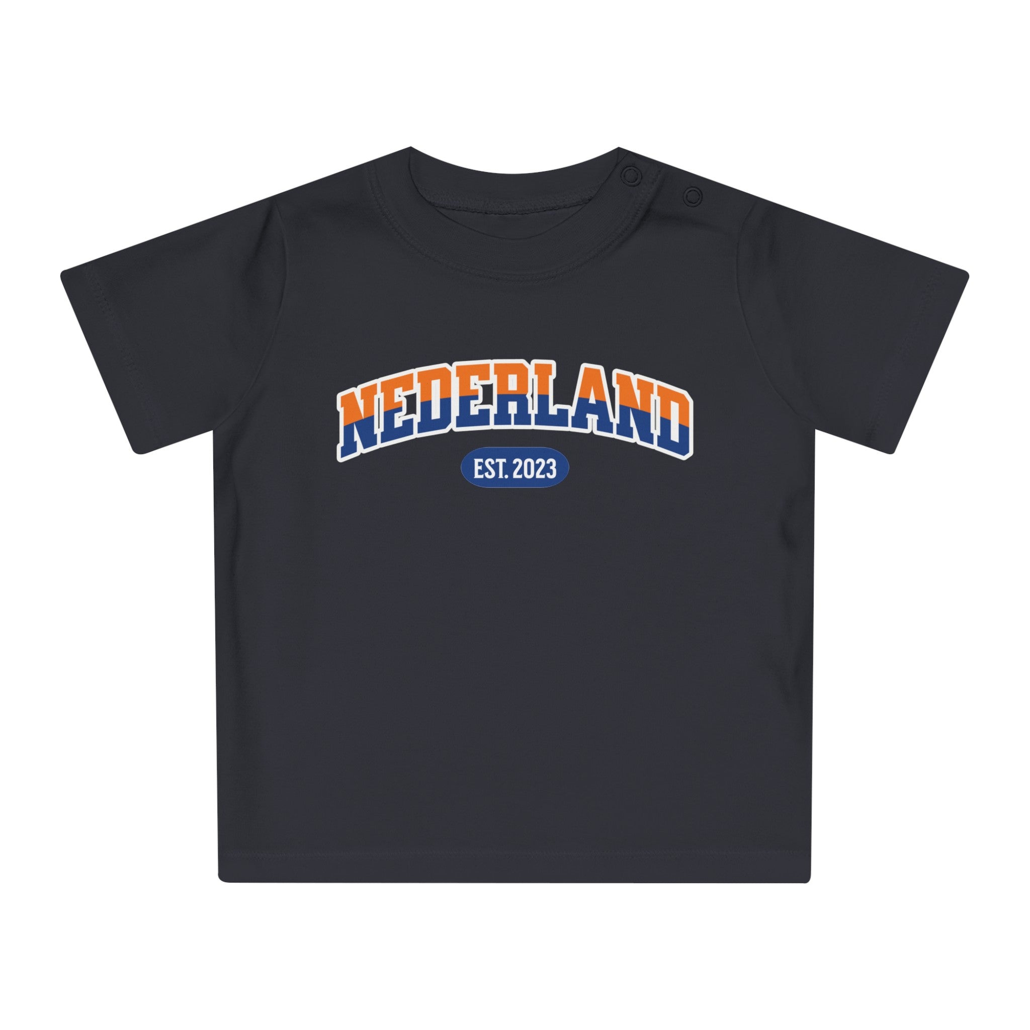 Baby T-shirt voor EK, WK en Koningsdag - Personaliseer met Naam, Jaar & Rugnummer - NEDERLAND (oranje en blauwe tekst)