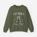 Olijfgroene sweatshirt met opdruk VAN DIJK'S Social Club en twee champagneglazen
