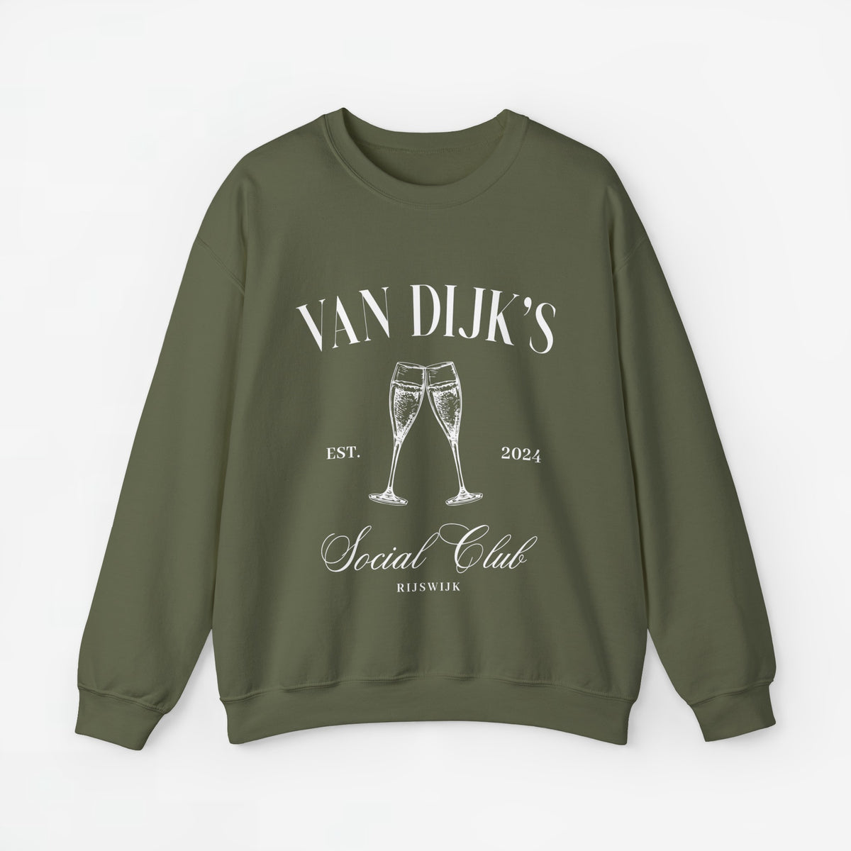 Legergroene sweater met witte 'VAN DIJK'S Social Club' print en wijnglazen