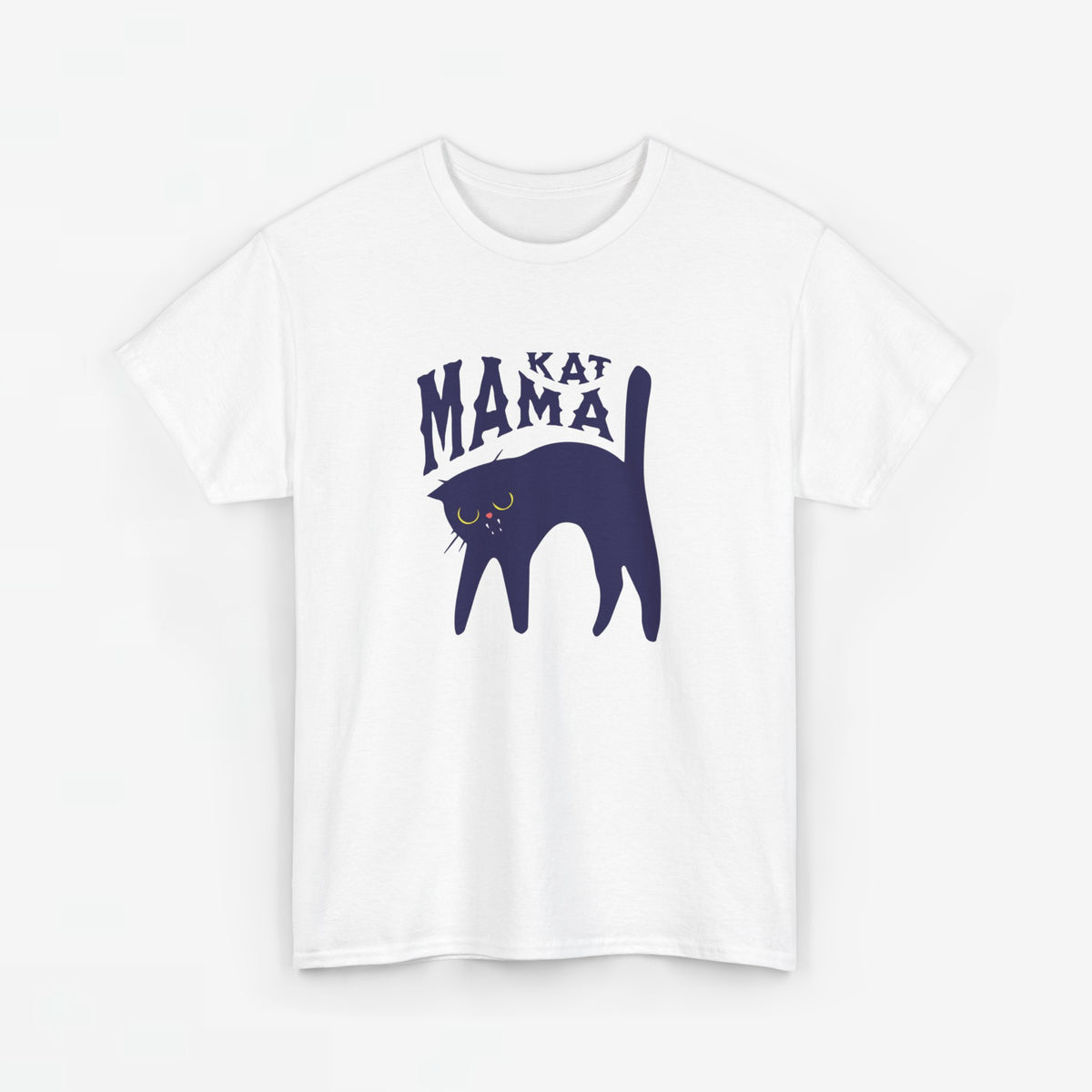 Witte T-shirt met donkerblauwe kattenprint en tekst "KAT MAMA"