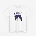 Witte T-shirt met donkerblauwe kattenprint en tekst "KAT MAMA"