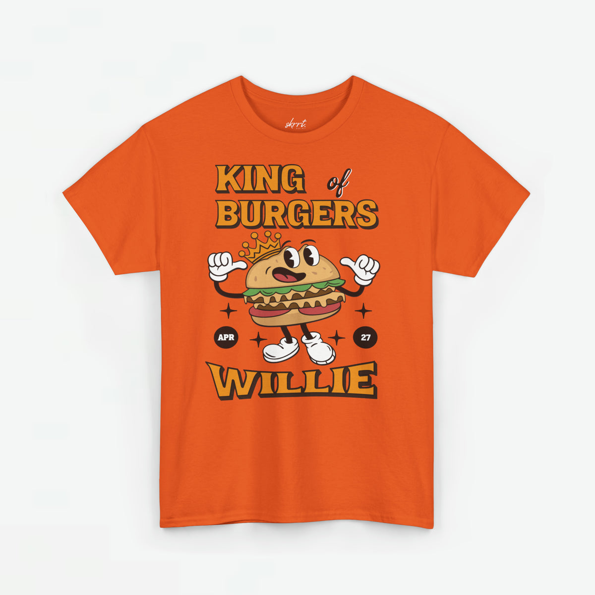 Oversized oranje T-shirt met grote frontprint “King of Burgers” en “Willie”