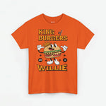 Oversized oranje T-shirt met grote frontprint “King of Burgers” en “Willie”