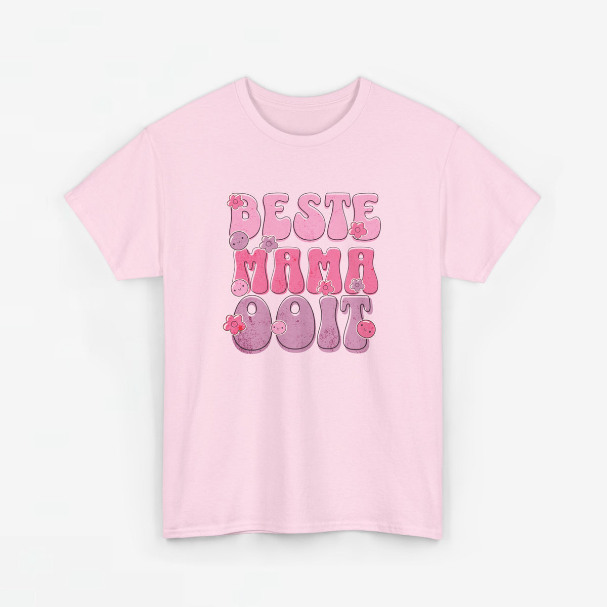 Roze T-shirt met 'Beste Mama Ooit' opdruk in roze en paars met bloemen.