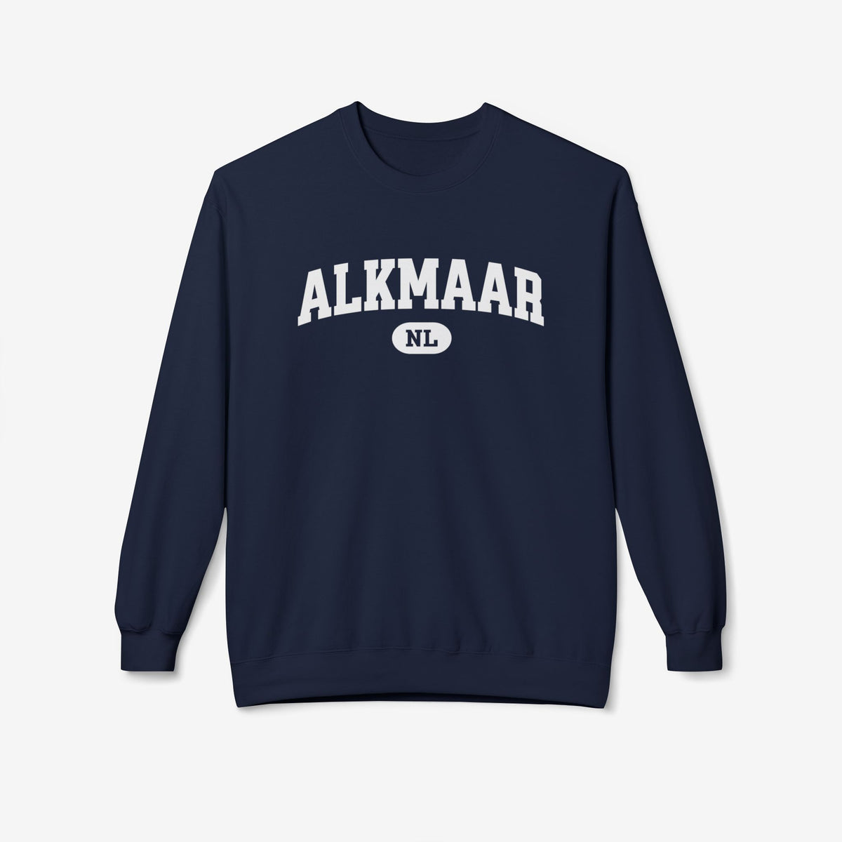 Donkere varsitytrui met ronde hals en borstprint ALKMAAR NL