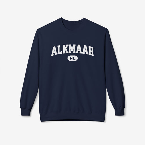 Donkere varsitytrui met ronde hals en borstprint ALKMAAR NL
