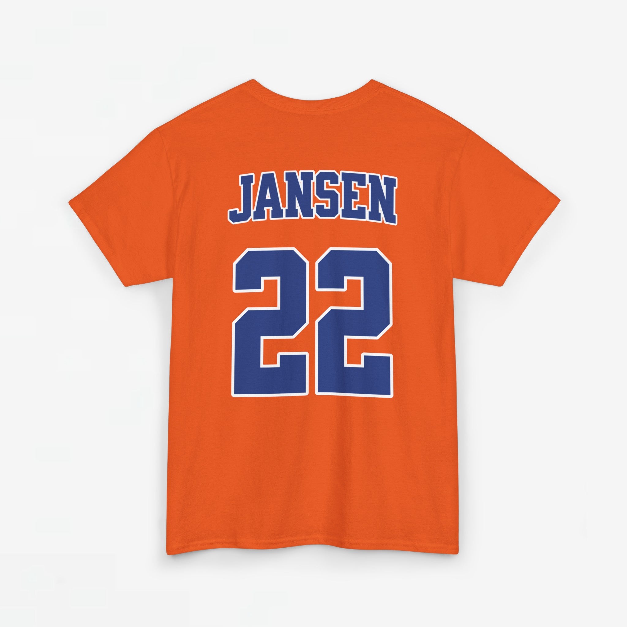 Oranje T-shirt voor EK, WK en Koningsdag - Personaliseer met Naam, Jaar & Rugnummer - ORANJE (blauwe tekst)