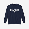 Donkerblauwe varsity trui met ronde hals en grote HELMOND print op de borst