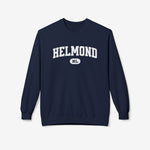 Donkerblauwe varsity trui met ronde hals en grote HELMOND print op de borst