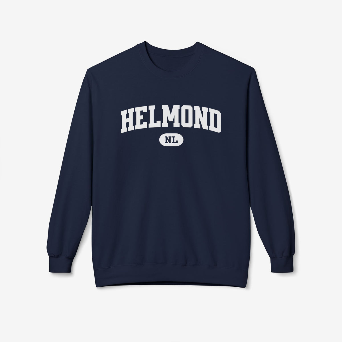 Donkerblauwe varsity trui met ronde hals en grote HELMOND print op de borst