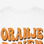 Oranje tekstprint op witte T-shirt: ORANJE BOVEN HIEP HOERA