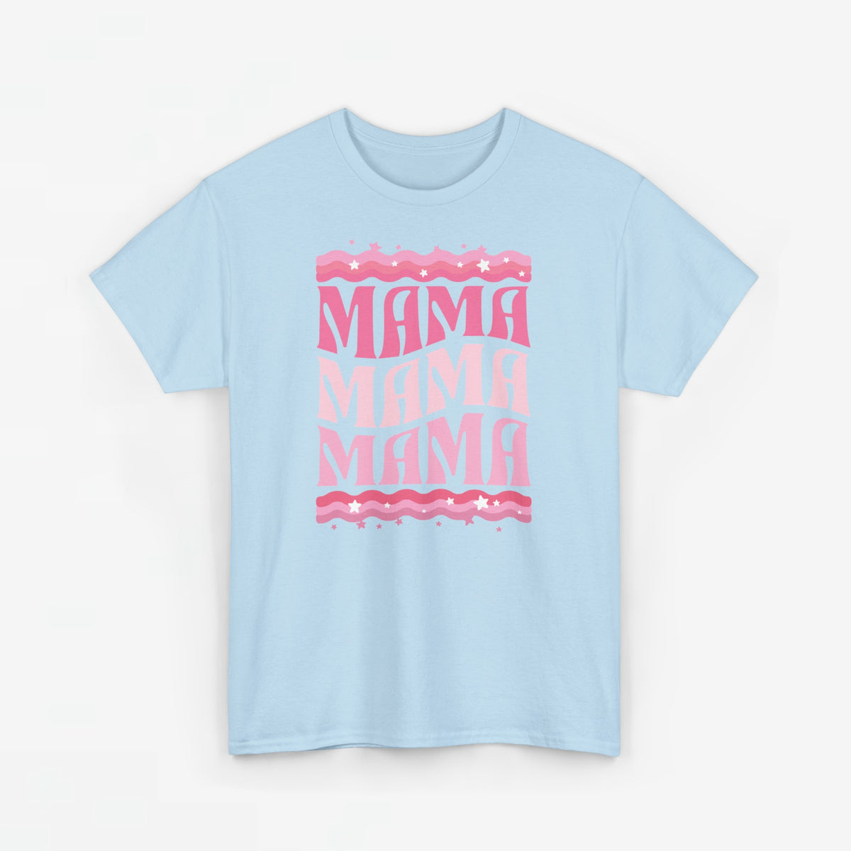 Lichtblauwe T-shirt met roze MAMA-print op de borst, ronde hals