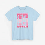 Lichtblauwe T-shirt met roze MAMA-print op de borst, ronde hals