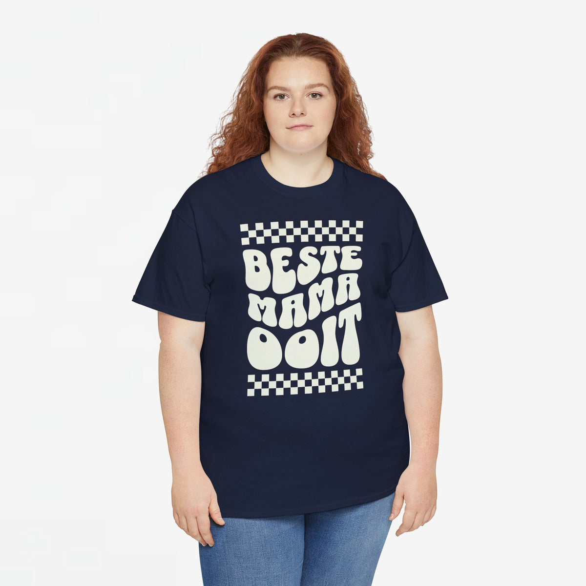 Donkerblauwe oversized t-shirt met ronde hals en witte 'Beste mama ooit' print