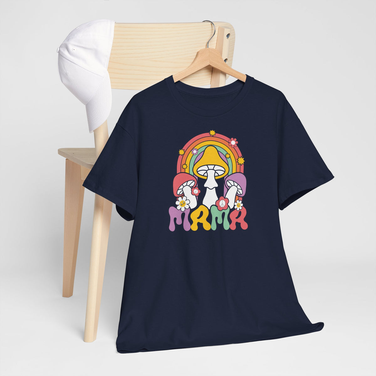 Oversized navy T-shirt met regenboog-paddenstoelprint op de borst