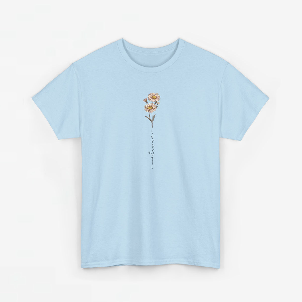 Lichtblauw gepersonaliseerd T-shirt met bloemenprint en verticale tekstlijn