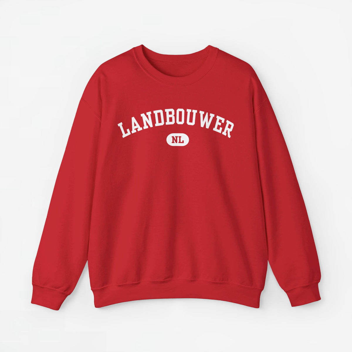 Rode sweater met ronde hals en witte opdruk “LANDBOUWER” met NL-embleem