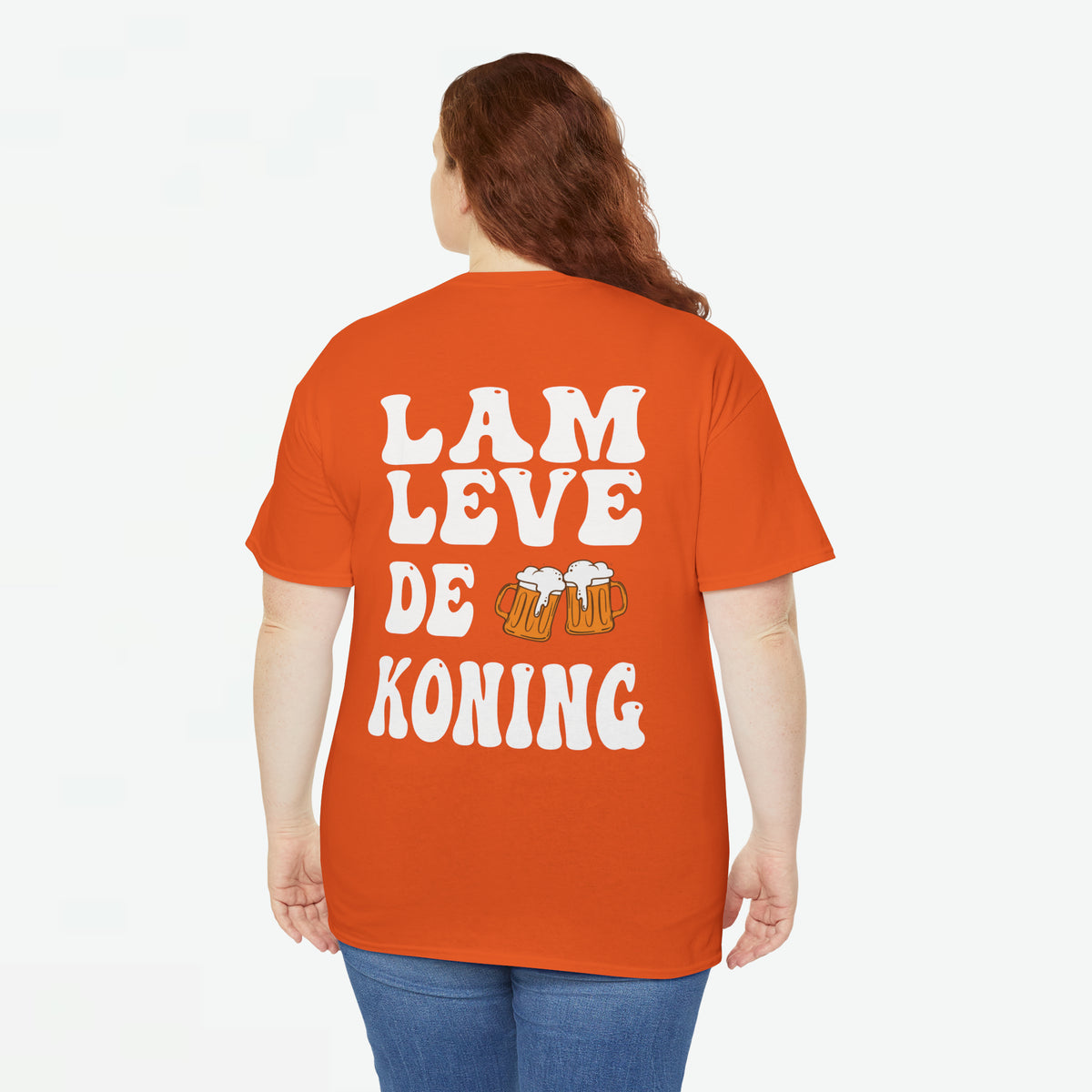 Oranje heren T-shirt met grote witte backprint 'LAM LEVE DE KONING'