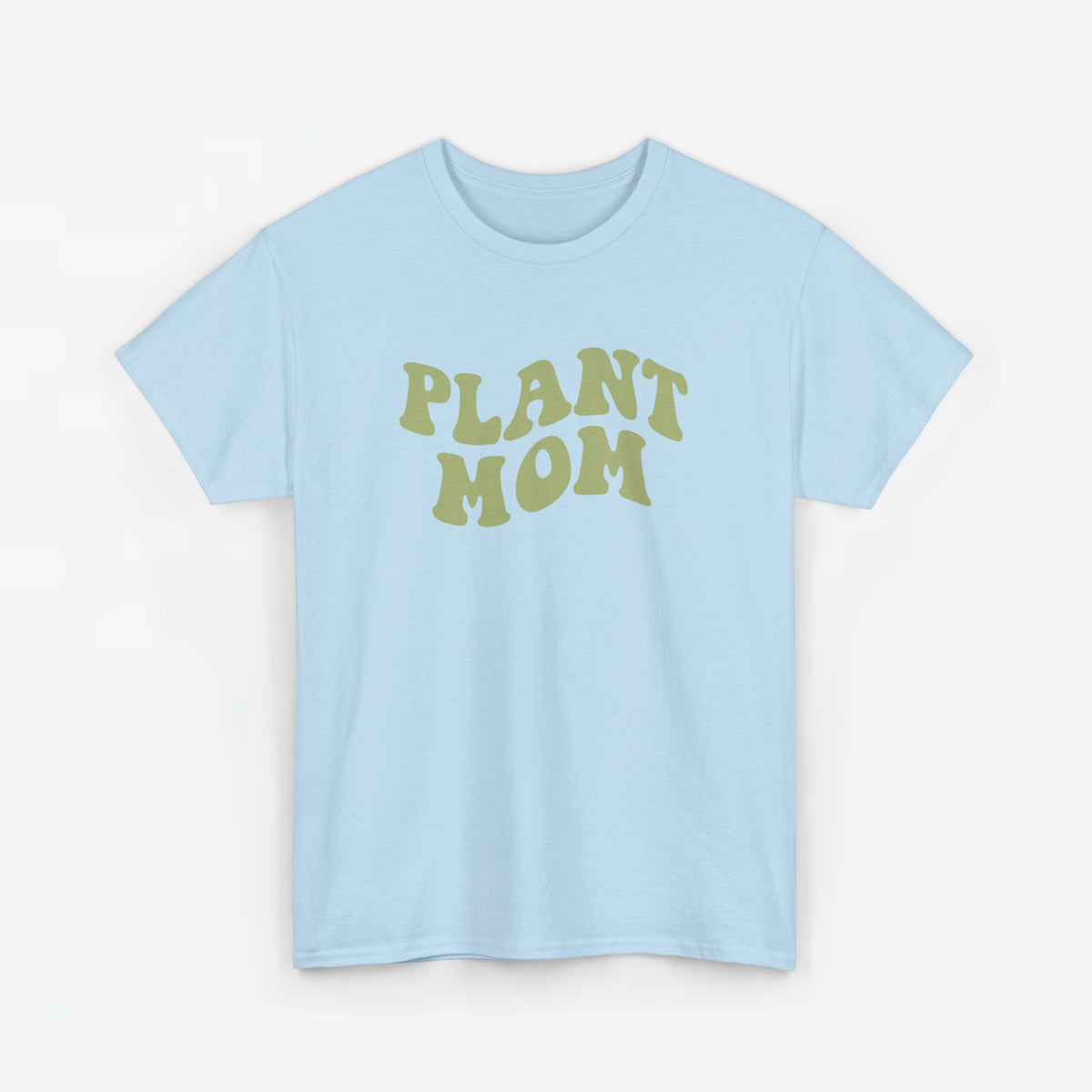 Lichtblauwe T-shirt met ronde hals en groene 'PLANT MOM'-print op de borst