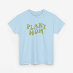 Lichtblauwe T-shirt met ronde hals en groene 'PLANT MOM'-print op de borst