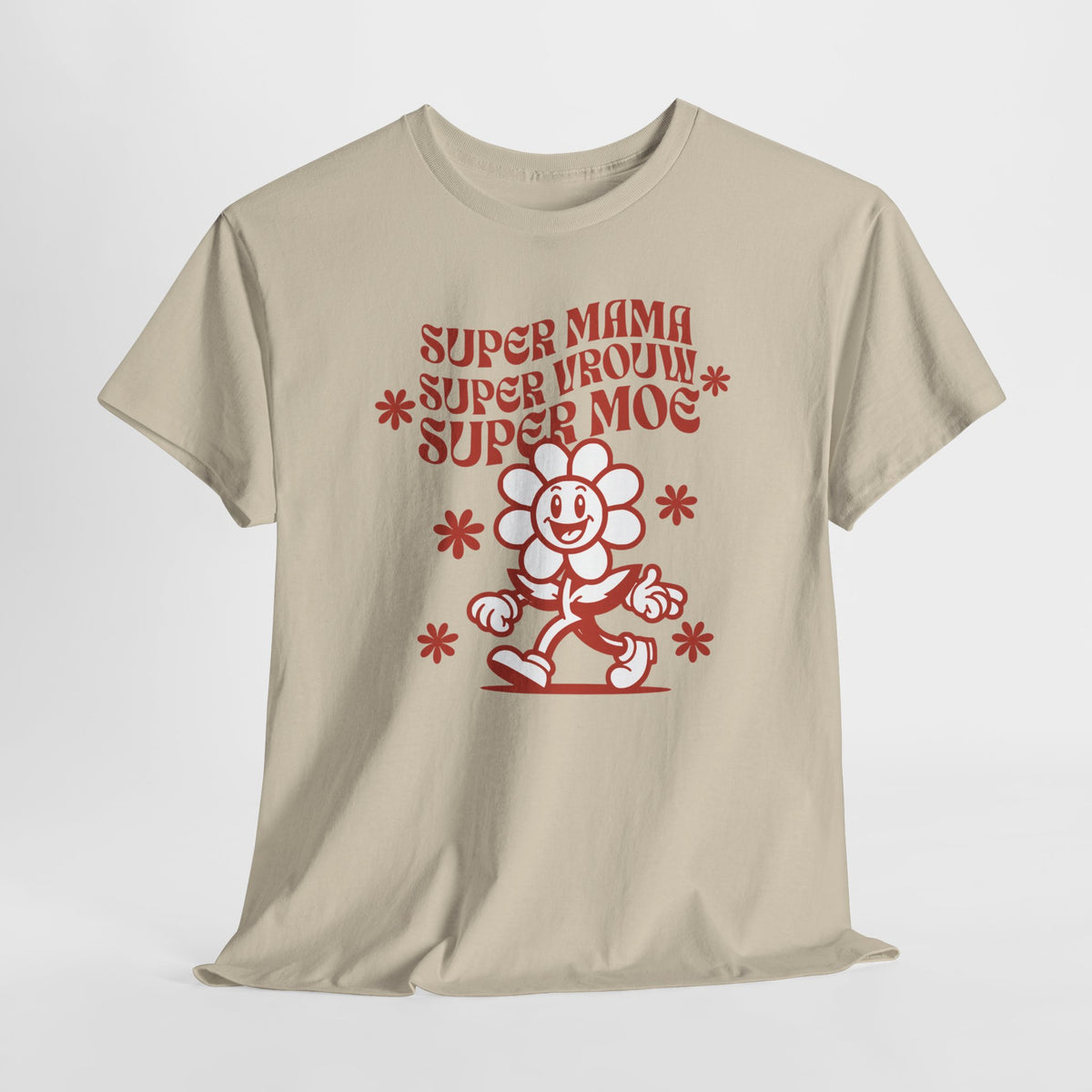 Sandkleurige oversized T-shirt met rode print van bloemen en stripfiguur op de borst