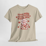 Sandkleurige oversized T-shirt met rode print van bloemen en stripfiguur op de borst