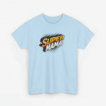 Lichtblauwe T-shirt met ronde hals en 'Super Mama' borstprint.