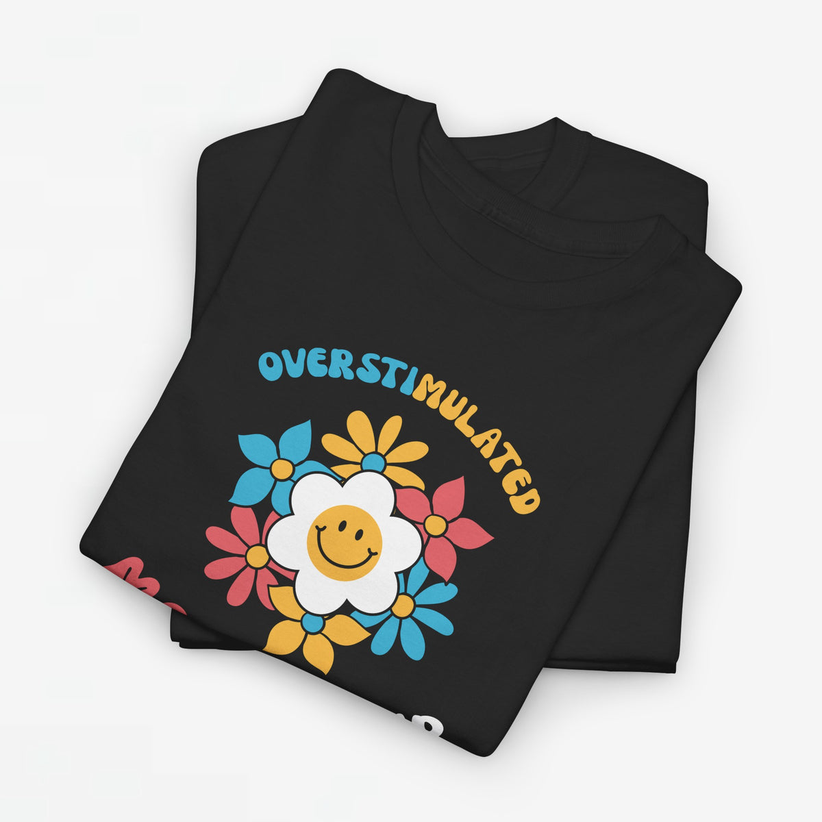 Zwart T-shirt met ronde hals en bloemen- en smileyprint “Overstimulated”