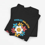 Zwart T-shirt met ronde hals en bloemen- en smileyprint “Overstimulated”