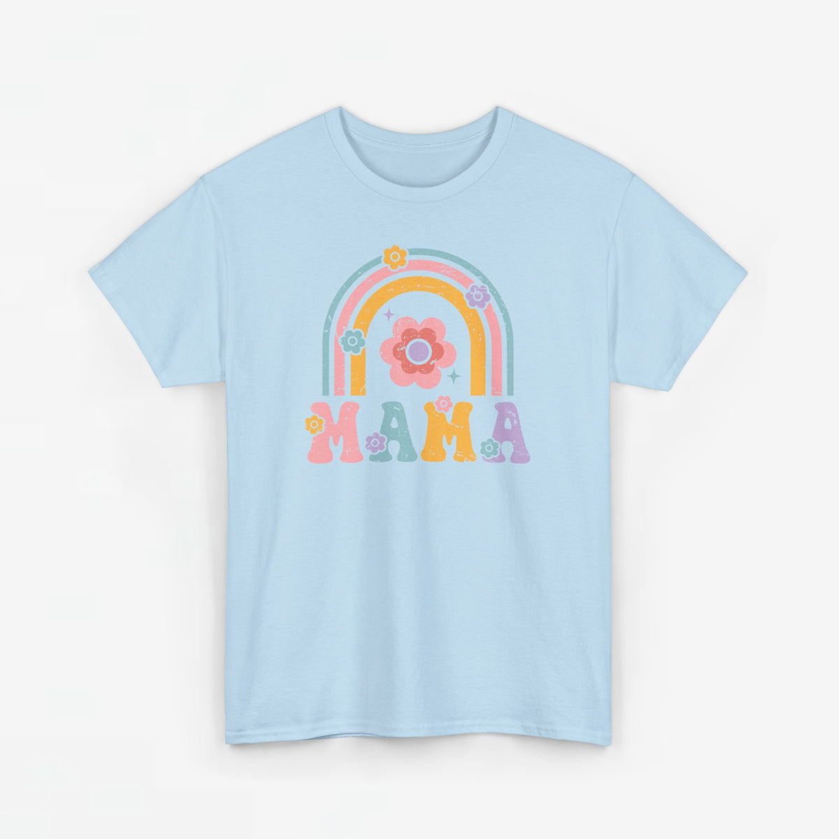 Lichtblauw T-shirt met regenboogboog, bloemenprint en 'MAMA' opdruk