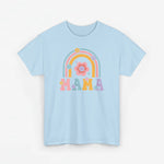 Lichtblauw T-shirt met regenboogboog, bloemenprint en 'MAMA' opdruk