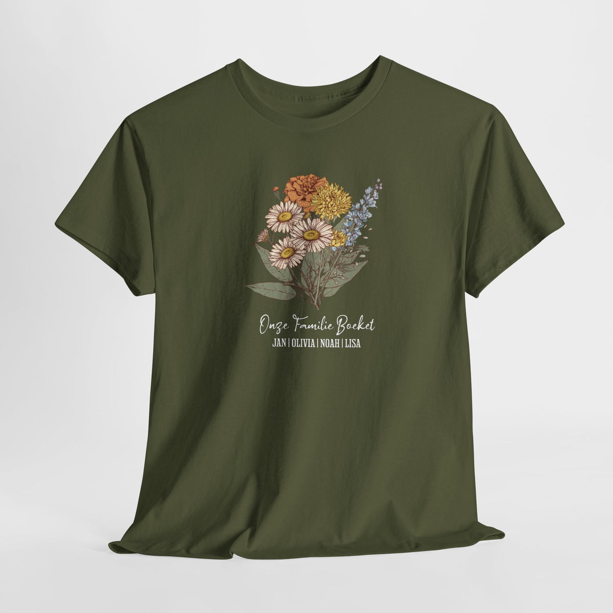 T-shirt legergroen met bloemenboeketprint en sierlijke tekst onder de print