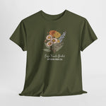 T-shirt legergroen met bloemenboeketprint en sierlijke tekst onder de print