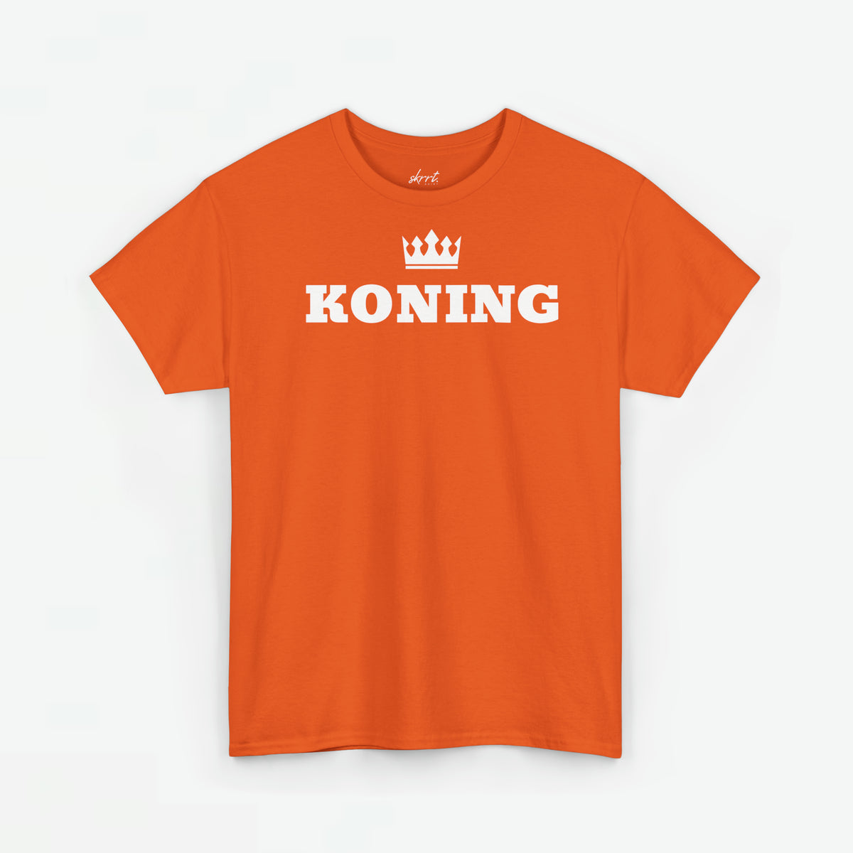 Oranje T-shirt met grote frontprint 'KONING' en kroon